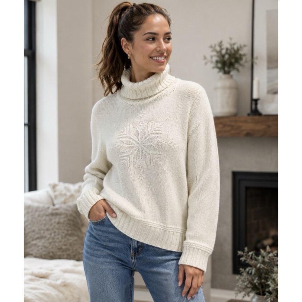 Ralph Lauren Sweater Vintage Cream Turtleneck Snowflake Chunky Knit Size Small